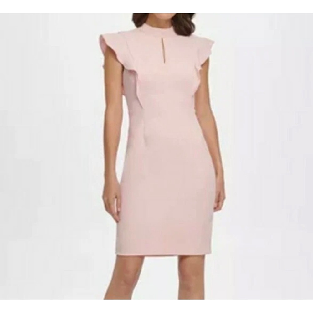 NWT‎ DKNY Womens Pink Ruffle Cap Sleeve Keyhole Sheath Dress Size 12 NEW